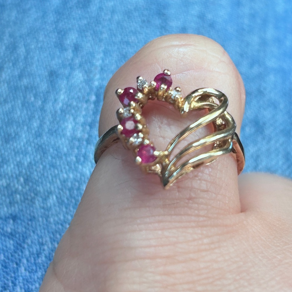 Size 5, 10k antique gold ring with diamonds and rubies